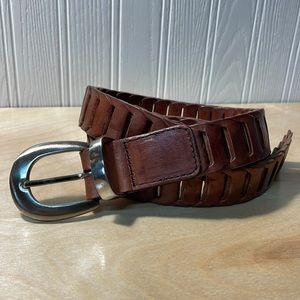 Woven Genuine Leather Belt Silver Tone Buckle - Brown